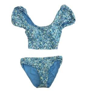 Splendid Size Large Blue Floral 2 Piece Swimsuit Shelf Bra Bikini Top & Bottom